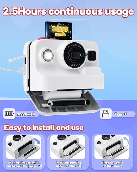 Instant Print Fun Camera for Kids, with 2.4 Inch Screen