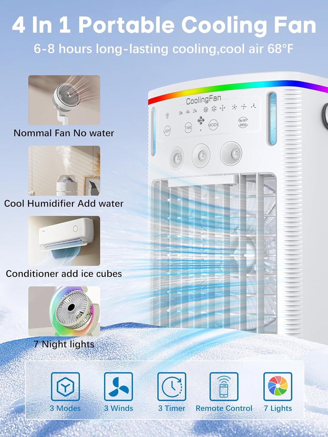 Portable Air Conditioner, 4-in-1  Mini Air Cooling Fan With 1000ml Water Tank