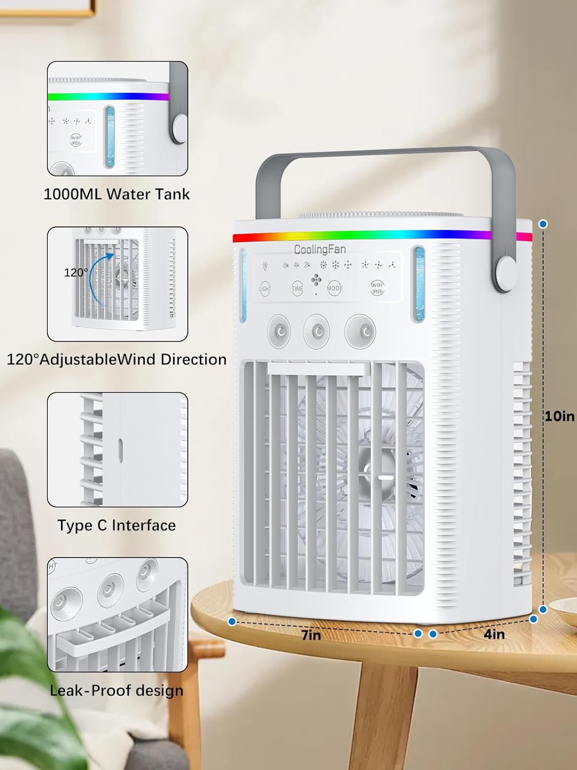 Portable Air Conditioner, 4-in-1  Mini Air Cooling Fan With 1000ml Water Tank