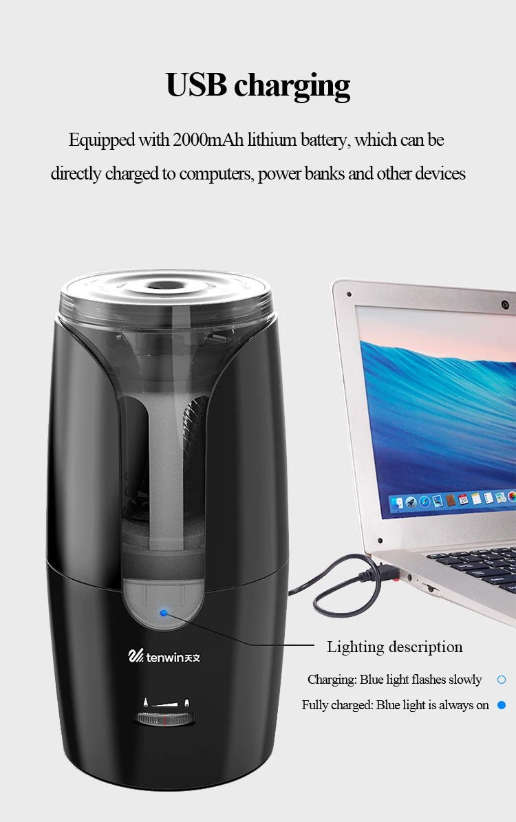 TENWIN Electric Pencil Sharpener – Automatic USB Rechargeable Sharpener for Colored Pencils & School Supplies - Zippi Megastore