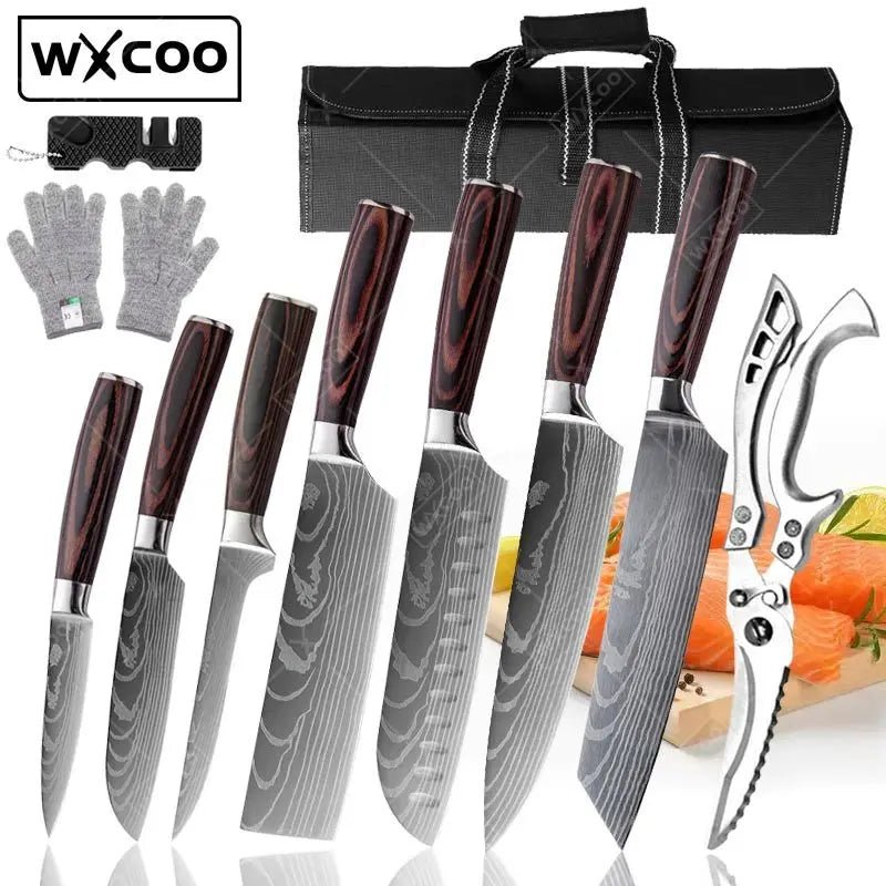 WXCOO Japanese Chef Knife Set – Professional Stainless Steel Kitchen Knives for Meat, Slicing & Precision Cutting - Zippi Megastore